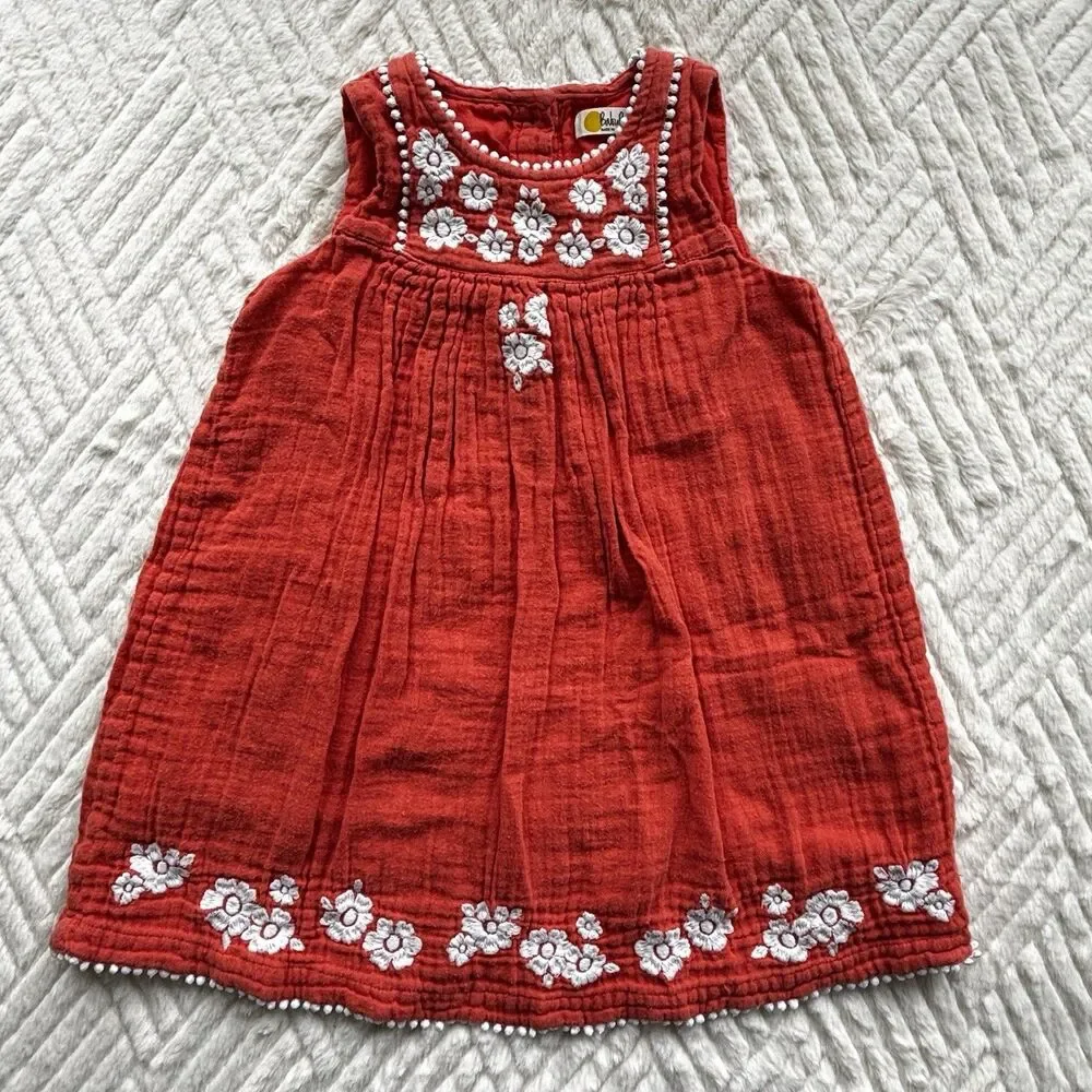 Baby Boden 18-24M Red Gauze Embroidered Floral Sleeveless Boho Dress